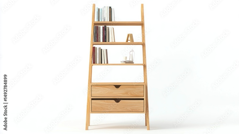 Poster ladder bookshelf with drawers isolated on white background