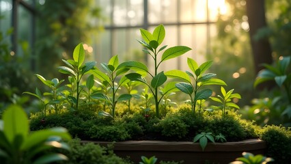 Vibrant Green Sprouts in Greenhouse, Close-Up View of Seedlings and Lush Foliage Bathed in Sunlight, New Plant Growth