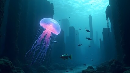 Underwater Scene with Jellyfish, Fish, and Sunken Structures