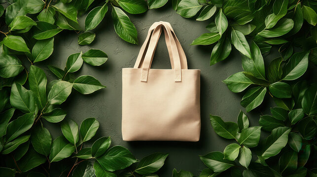 Reusable shopping bag with floating leaves clean eco-friendly visual