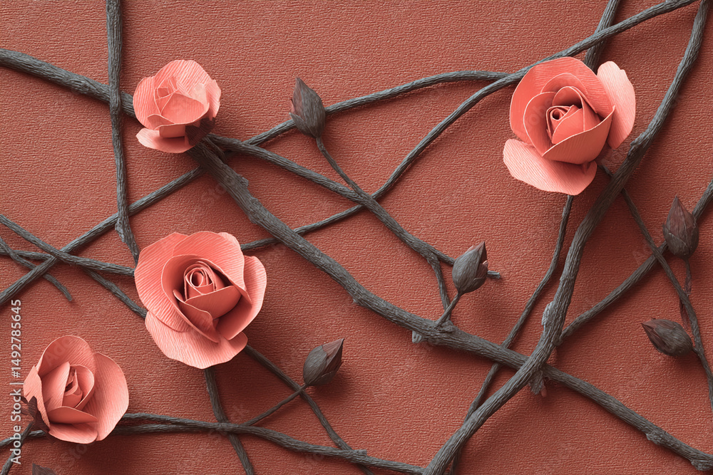 Poster peach-colored paper roses on dark branches against a textured terracotta background, creating a deli