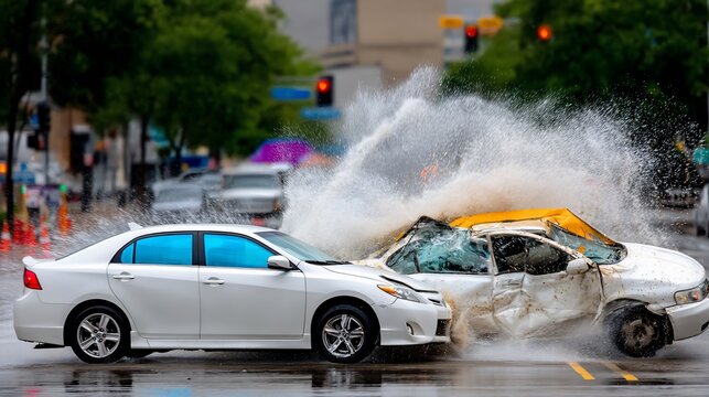 A severe car crash on a wet street, with extensive damage