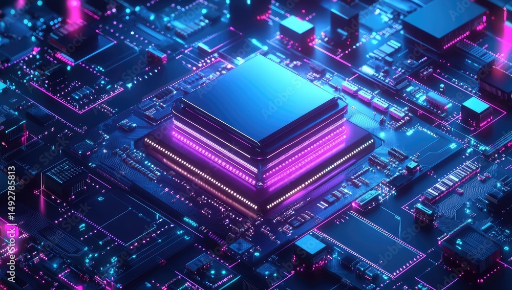 Poster a vibrant. futuristic digital corridor featuring neon pink and blue lights. set in a high-tech envir