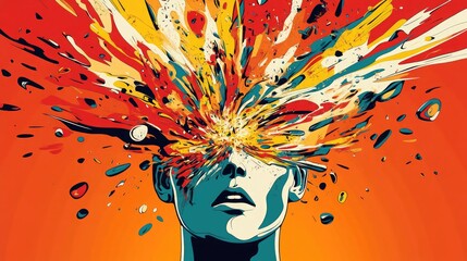 Naklejka premium Chaotic explosion of colors from a human head symbolizing panic attack, with bright red, orange, and yellow tones.