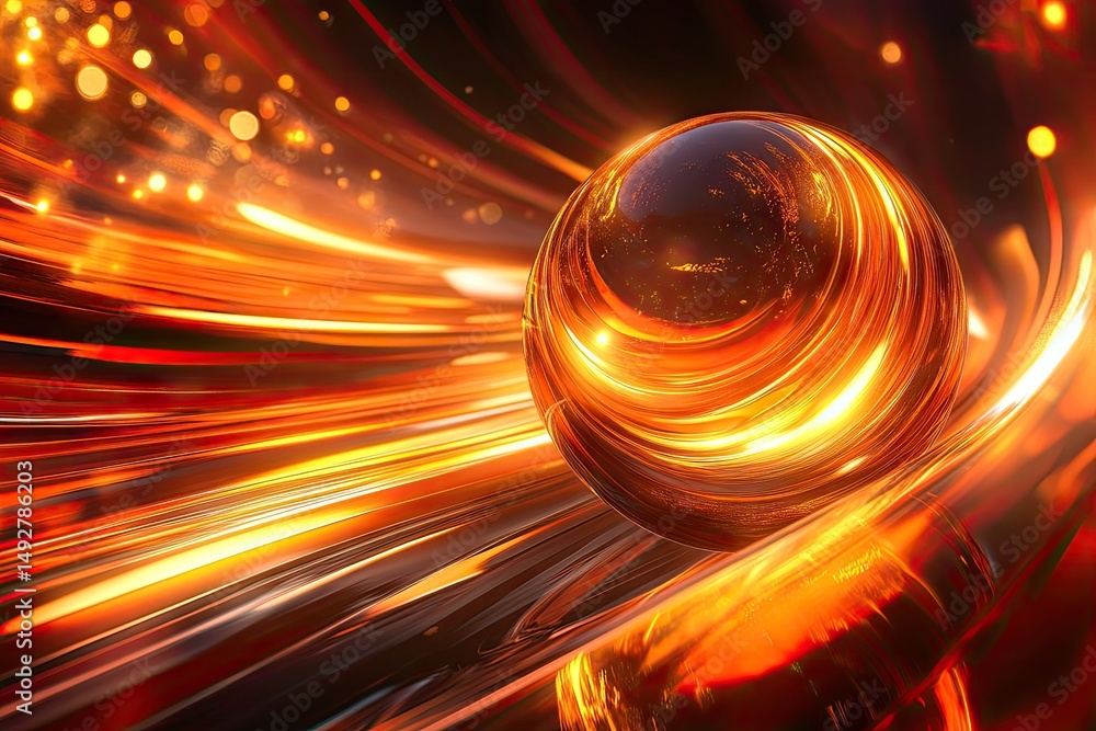 Poster a mesmerizing abstract scene featuring a reflective sphere gliding through vibrant. swirling red and