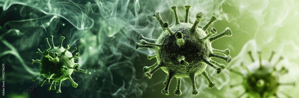 Poster close-up view of virus particles floating in a misty environment. showcasing intricate details and t