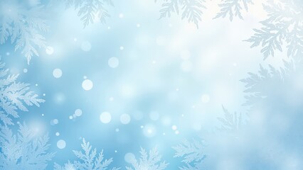 A light blue background with faded snowflake details and soft bokeh lights. This versatile image is perfect for winter and holiday designs, as well as for creating ethereal and abstract backgrounds 