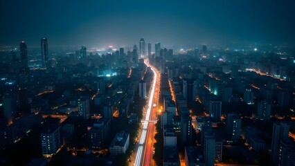 Fototapeta premium Aerial View of a Stunning Urban Skyline at Night with Light Trails and Modern Architecture