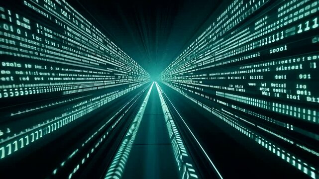 Digital data highway binary code forms road to horizon in teal light