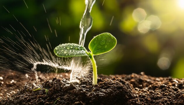 water splash on sprouting seedling macro photography
