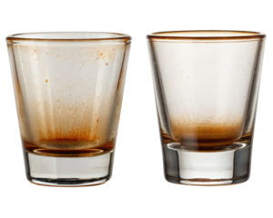 Two small glass tumblers with coffee espresso residue on a transparent background