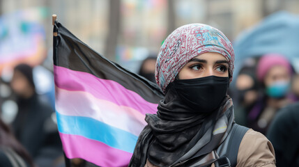 young woman with arab head garments and a trans flag at a rally