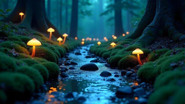 Enchanted Forest Stream with Glowing Mushrooms and Moss-Covered Rocks in an Ethereal Twilight Landscape