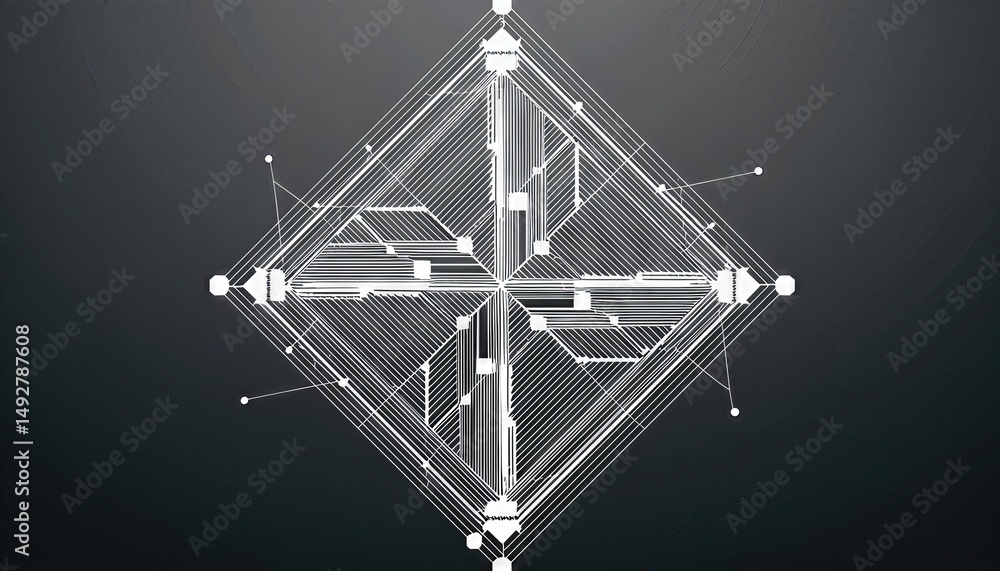 Poster vibrant geometric abstraction four interconnected squares in a symphony of lines and dots, blending 