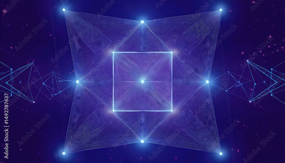 Poster abstract geometric design with connected squares and dots, showcasing a vibrant interplay of lines, 