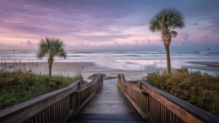 Obraz premium Boardwalk Leading to Beach at Sunrise with Palm Trees in South Carolina Coastal Landscape View