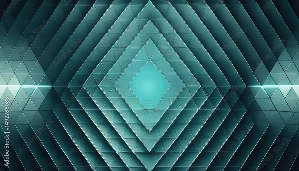 Poster abstract geometric design radiating soft teal luminescence, illuminating a vibrant and mystical scen