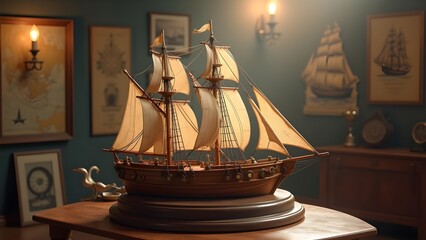 Detailed Wooden Sailing Ship Model: A Vintage Nautical Display with Intricate Craftsmanship