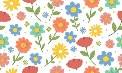 hand drawn colorful spring flower cute seamless pattern isolated on white background
