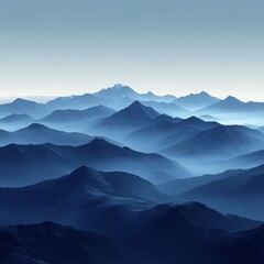 Misty Mountain Majesty: A Serene Landscape of Layered Peaks and Atmospheric Hues in a Palette of Blues, Evoking Tranquility and the Immense Beauty of Nature.