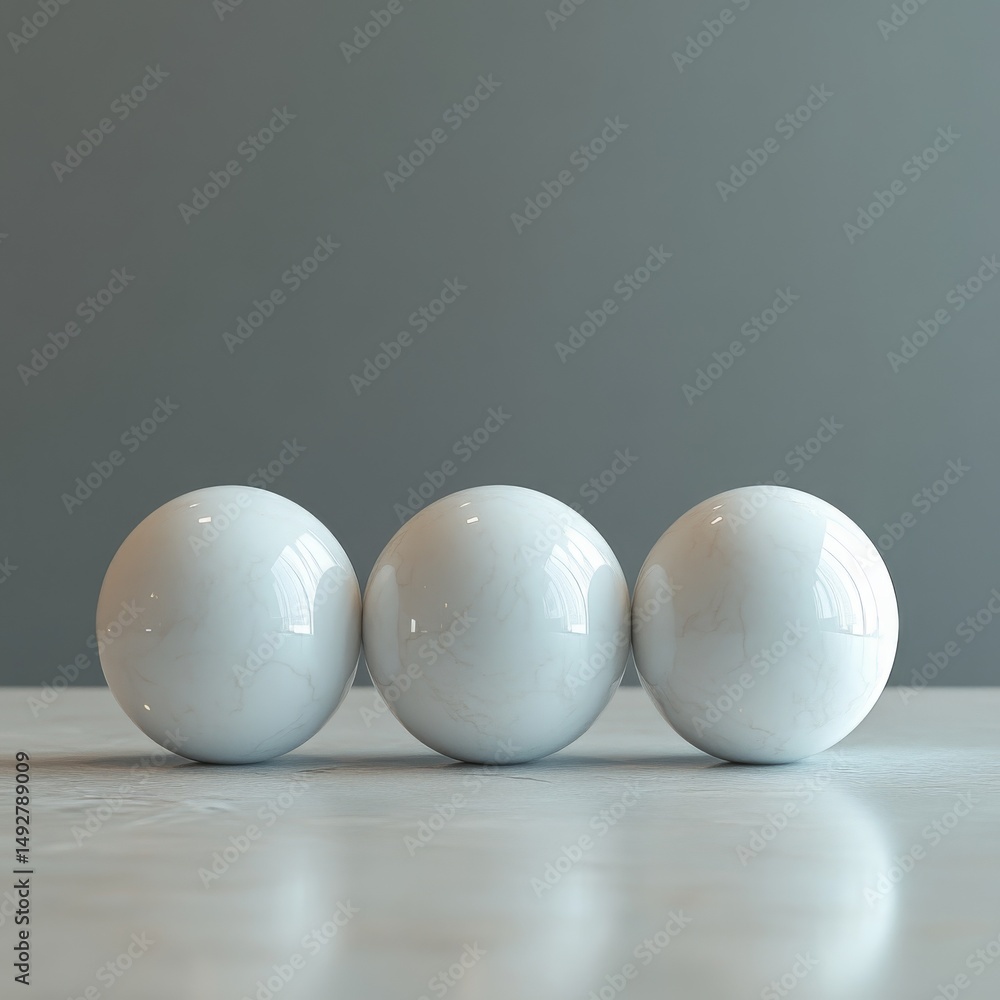 Poster three reflective marble spheres in harmony, modern minimalist design with serene gray backdrop, emph