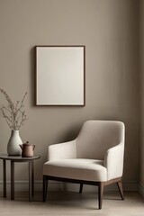 A serene interior scene featuring a minimalist chair and table. adorned with a decorative vase and branches. set against a neutral-toned wall. ideal for home decor inspiration
