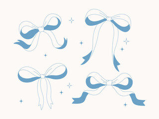 Vector set of blue bows on a light background. Six elegant decorative bows in a flat style with lines and stars. Suitable for design and packaging.








