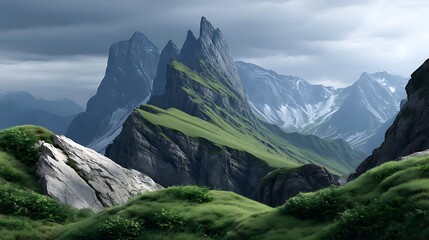 Craggy Peaks and Sharp Rock Formations Under a Stormy Sky in a Dramatic Mountain Landscape