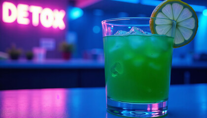 Neon Detox" Cyberpunk Revitalizer &ndash; UV-Green Kale & Spinach Elixir in Futuristic Juice Bar (Copy Space)