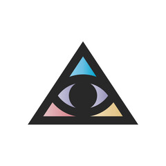 Mystical triangle eye logo with modern flat design, colorful triangular geometric shapes and abstract sacred composition for esoteric, spiritual, and visionary branding.
