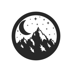 Nighttime mountain scene logo or emblem with crescent moon and sparkling stars in a circular shape, sticker design in bold minimal style for outdoor, travel, wilderness, and adventure themes sticker.