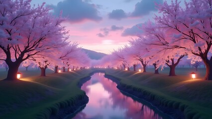 Enchanting Sakura Twilight: Pink Blossoms Reflecting in Tranquil Waters under a Pastel Sky