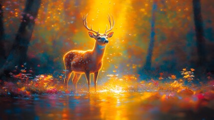 Majestic deer in a sun-drenched autumnal forest, standing in a shimmering stream, surrounded by colorful foliage and golden light