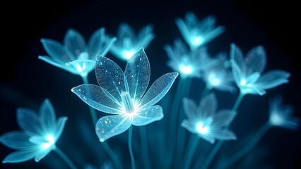 Ethereal Glowing Flowers on Dark Backdrop: A Digital Rendering of Luminous Blue Blooms 
