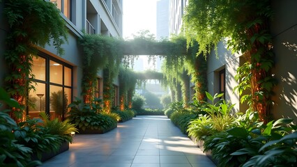 Lush Urban Garden: Green Space with Vines on a Modern Building