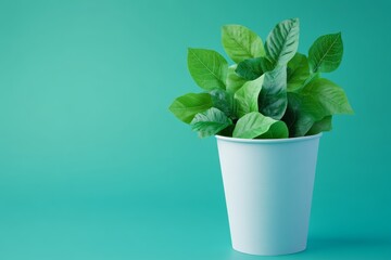 Fototapeta premium Lush Green Plant in Light Blue Disposable Cup on Turquoise Background Eco Friendly Concept