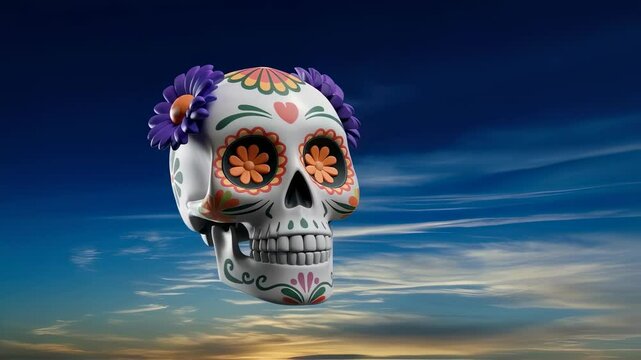 Decorated sugar skull for Day of the Dead holiday. Mexican tradition honoring deceased loved ones. 3d computer animation footage.