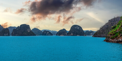Halong Ha Long Bay Hanoi this Vietnamese wonder is littered with mountains and Rock cliffs popping...
