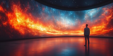 a man standing in front of a large curved LED screen displaying a 3D immersive landscape