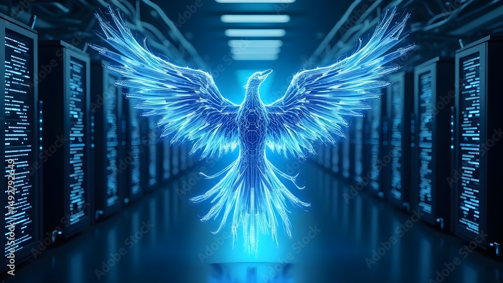 Poster digital phoenix soaring in data center: cybersecurity & data recovery concept