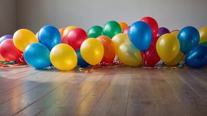 Colorful balloons create a festive atmosphere in a spacious room during a celebration event