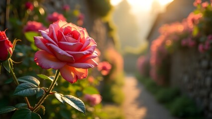 Rose Blossom in a Sunlit Garden Path with Stone Walls and Delicate Dew Drops