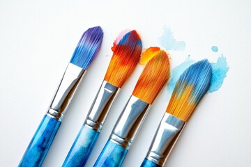 Fototapeta premium Colorful Artist Paintbrushes with Watercolor Splashes on White Paper Background