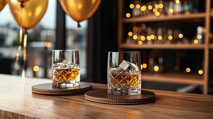 masculine party theme setup with leather coasters, dark wooden elements, whiskey glasses with golden hues, minimal balloon bunch in deep tones