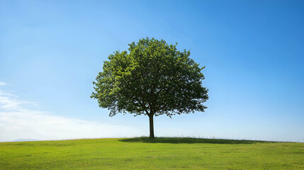Fototapeta premium A single tree stands in a green field under a clear blue sky on a bright and sunny day outdoors