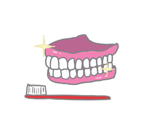 Illustration of upper and lower dentures and a toothbrush