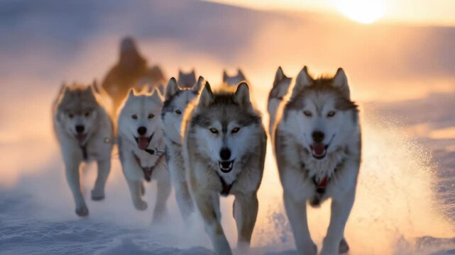 Team of Huskies Pull a Sled Through a Snowy Landscape at Sunset