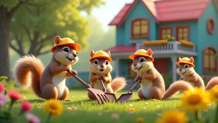 Squirrel Builders: Cartoon Squirrels with Tools and Construction Hats in a Playful Garden Scene
