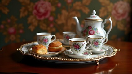 Fototapeta premium Elegant Afternoon Tea with Floral China Set and Pastries on Ornate Tray. Vintage Tea Party Still Life