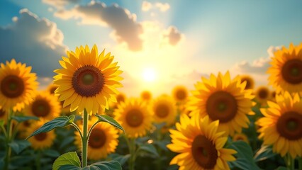 Obraz premium Vibrant Sunflower Field in Bloom Under a Bright Sunny Sky